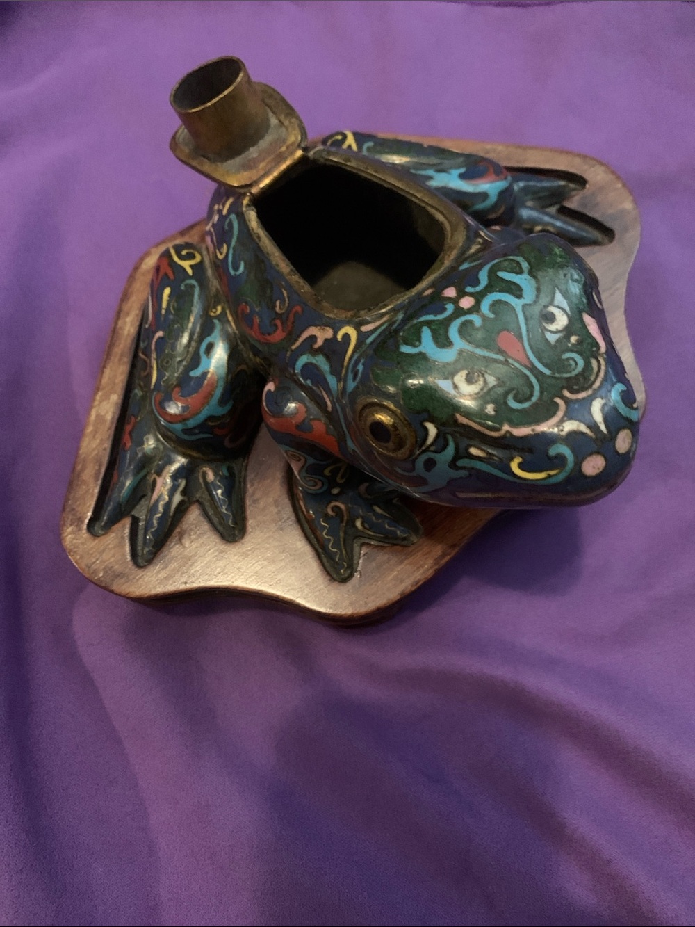 Vintage Chinese Cloisonné Frog Candle Holder on a Wood Base